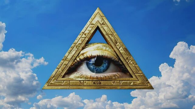 A golden triangle featuring an all-seeing eye hovers in a bright blue sky with clouds, symbolizing mystery, power, and ancient knowledge. Ideas of secret societies, the Illuminati, masonic symbol.