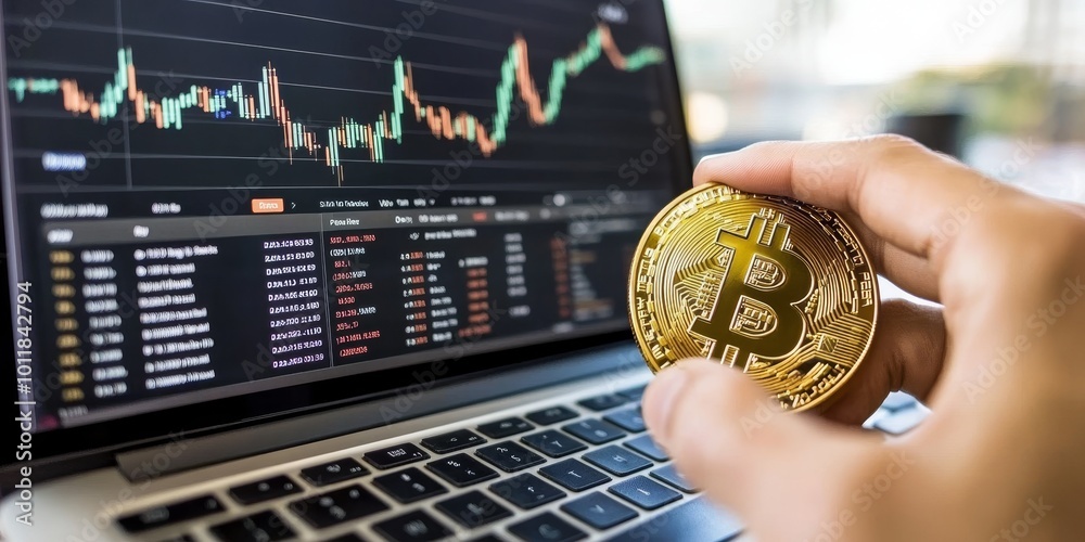 Fototapete cryptocurrency trading: create an image of a person actively trading cryptocurrencies on their lapto