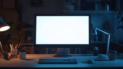 Naklejka premium A dimly lit workspace featuring a blank monitor and desk items, ideal for productivity.