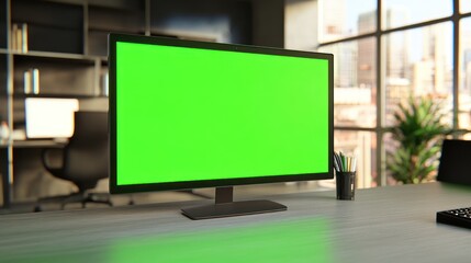 A blank green screen monitor on a desk in a modern office setting.