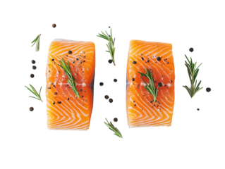 Fresh salmon fillets garnished with sprigs of rosemary, ideal for a healthy and nutritious meal, isolated on white background PNG transparent.