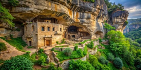 Naklejka premium Ancient troglodyte cave dwelling carved into rocky cliffs with lush greenery surrounding the entrance