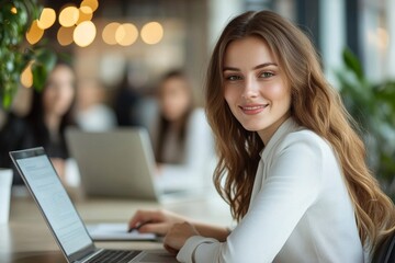 Sits by the table with laptops. Young business people in formal clothes working in the office, Generative AI