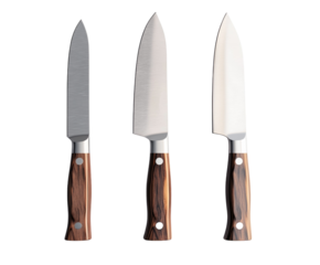 Set of Japanese kitchen knives on a white background, fully visible and centered. PNG transparent.