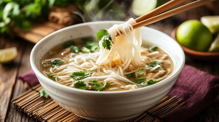Fresh Vietnamese pho soup with noodles and vibrant herbs