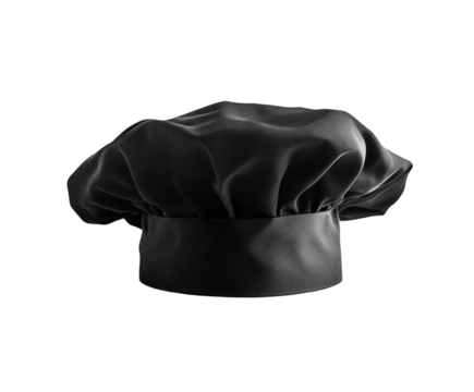 Black chef’s hat on a white background, fully visible and centered. PNG transparent.
