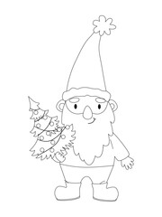 Cute cartoon gnome with Christmas tree outlines in cartoon style. Kids coloring book illustrations.