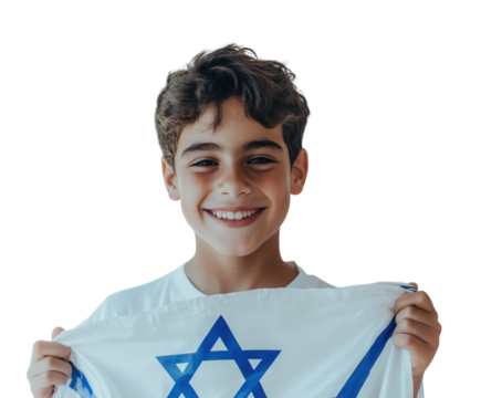 Smiling boy holding the Israeli flag on a white background, fully visible and centered. PNG transparent.