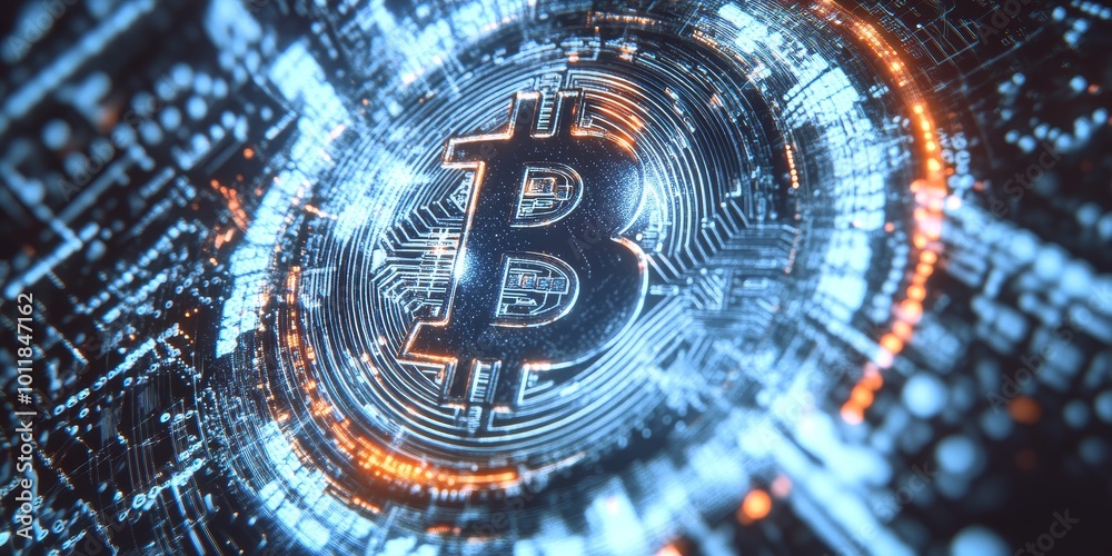 Aufkleber Bitcoin Concept: Illustrate a creative representation of Bitcoin, with the coin symbol surrounded by digital elements like blockchain and network graphics.