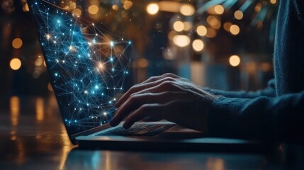 A business owner using blockchain data protection tools on a laptop, with encrypted transaction logs and secure online communication