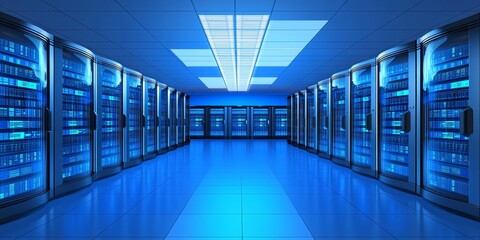 Data Visualization: Illustrate a futuristic data center filled with holographic displays showcasing real-time data analytics and AI algorithms at work.