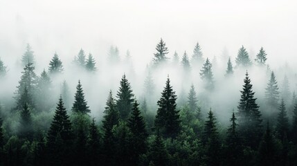 Fototapeta premium A foggy forest where the dense mist hangs low, and the trees are barely visible through the grey shroud, creating a mystical atmosphere