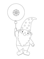 Cute cartoon gnome is flying on a small red balloon outlines in cartoon style. Kids coloring book illustrations.