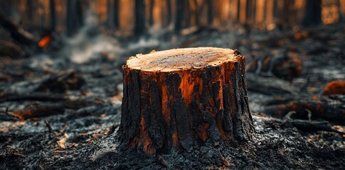 Obraz premium Close-Up of a Tree Stump in a Burnt Forest After a Fire. AI generated illustration