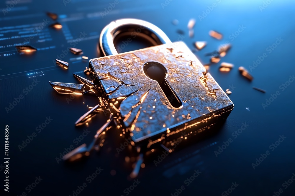 Poster A giant lock symbol on a computer screen cracking apart, representing the failure of security measures during a major data breach