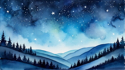Fototapeta premium Watercolor painting of a starry night sky over hills and pine trees for a tranquil winter landscape with copy space