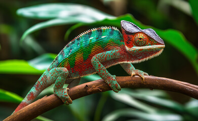 Fototapeta premium Vibrant chameleon blending in with its leafy environment, displaying colorful scales in detail.