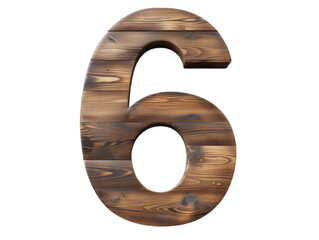 Shape of number Six 6 with woody texture isolated on PNG white background