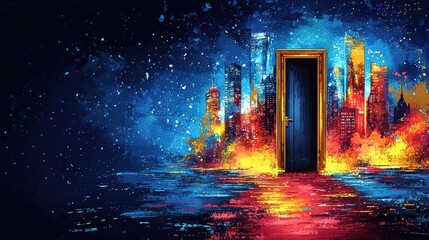Colorful abstract cityscape with an open door leading to a glowing pathway