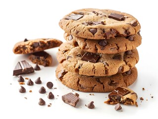 Gourmet Chocolate Chip Cookies with Visible Chocolate Chunks on a White Background