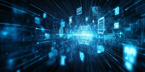 Fototapeta premium Applications of Big Data Transformation: Show various industries (healthcare, finance, retail) utilizing big data transformation, with icons and scenarios highlighting it