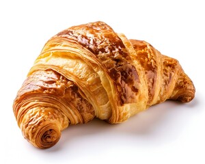 Fototapeta premium Close up of a Freshly Baked Golden Brown Croissant with Flaky Layers on a White Background
