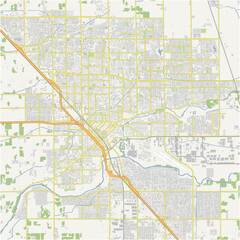 Map of Modesto in California in a normal road map style. Contains layered vector with roads water, parks, etc.