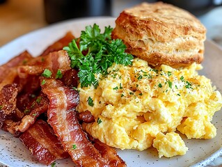 Scrambled eggs with bacon and biscuits on a breakfast plate