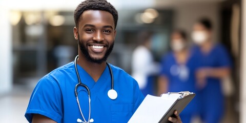 Infection Control Measures: Illustrate a healthcare administrator reviewing infection control procedures with staff in a hospital setting, emphasizing safety practices.
