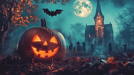 Pumpkin Zombie Emerging from Graveyard with Church Under Full Moon and Bats, Spooky Halloween Night Scene