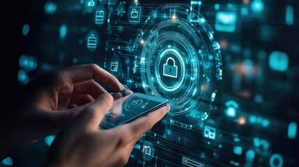 Fototapeta premium A person using a mobile password manager, with secure storage and encryption features displayed, emphasizing online security