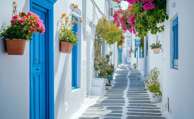 A picturesque Greek street with white-washed buildings, vibrant blue doors, and colorful flowers under a bright blue sky.