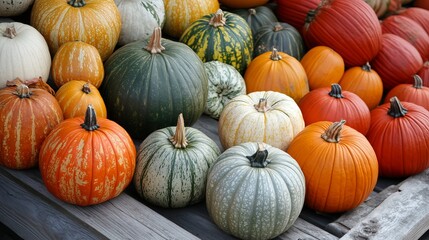 Freshly Harvested Pumpkins with Varied Textures and Sizes in a Cozy Fall Setting