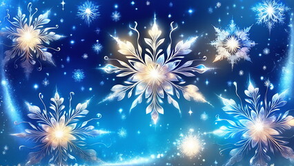 Artistic snowflakes and frost patterns on a vibrant blue background, winter holiday design, magical atmosphere, copy space