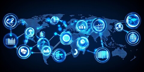 Obraz premium Applications of Big Data Transformation: Show various industries (healthcare, finance, retail) utilizing big data transformation, with icons and scenarios highlighting it