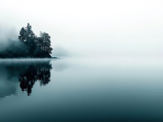 A foggy morning on a lake, where the water is still and the distant shore is hidden by the mist, creating a serene and quiet scene