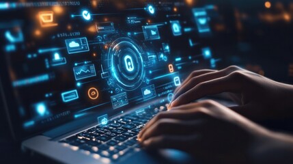 A secure browsing concept, with a user accessing a privacy-focused browser on a desktop, surrounded by internet security icons