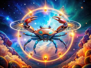 Obraz premium Astrological Cancer Zodiac Sign Symbol with Decorative Elements and Celestial Background Illustration