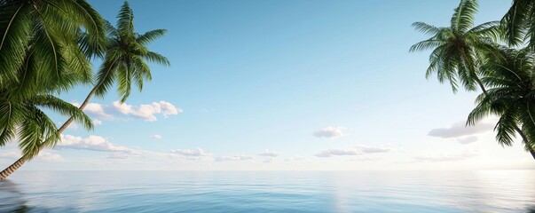Fototapeta premium Crystal waters of a hidden lagoon reflecting the vibrant blue sky, with towering palm trees and tropical vegetation creating a serene, untouched paradise