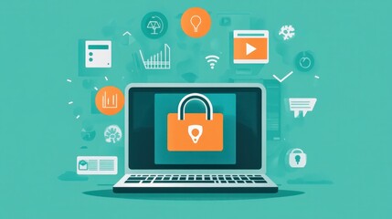 A secure VPN service activated on a laptop, with internet security icons displayed, emphasizing data protection and secure browsing