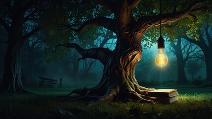 A glowing light bulb hangs from a tree branch, illuminating an open book lying on the ground in a dark forest.