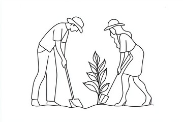 Minimalist one-line drawing of a man and woman planting a tree, symbolizing teamwork and environmental care.