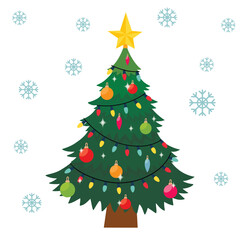 Decorated christmas tree with snowflake, star, lights, decoration balls. Merry Christmas and a happy new year. Flat vector illustration.