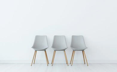 A row of modern gray chairs lined up against a minimalist white wall in a well-lit room.