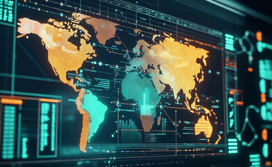 A digital, futuristic map of the world illuminated with data points and neon colors, representing global connectivity.