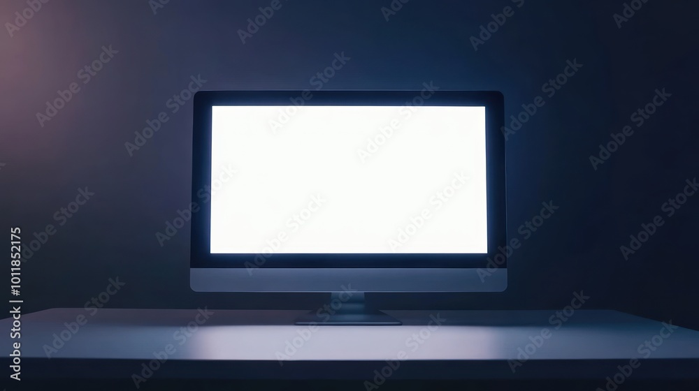 Poster a blank computer monitor on a desk in a dimly lit environment.
