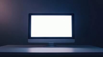 A blank computer monitor on a desk in a dimly lit environment.