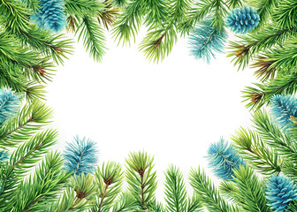 Natural Pine bough winter or summer border in greens, and blues decorative border frame design for invitations, greetings, posters backgrounds, web