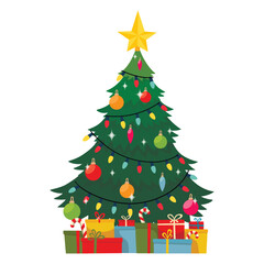 Decorated christmas tree with gift boxes, star, lights, decoration balls. Merry Christmas and a happy new year. Flat vector illustration.