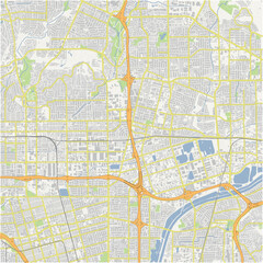 Map of Placentia in California in a normal road map style. Contains layered vector with roads water, parks, etc.